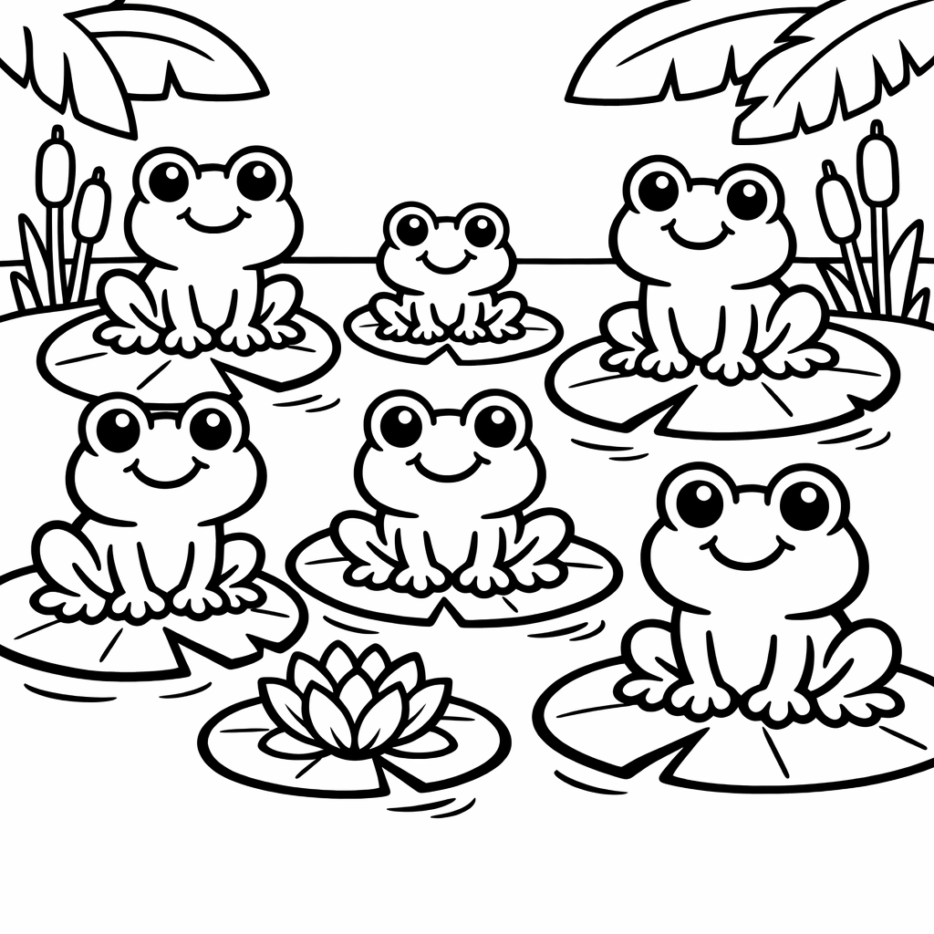 Count 6: Six frogs sitting on lily pads