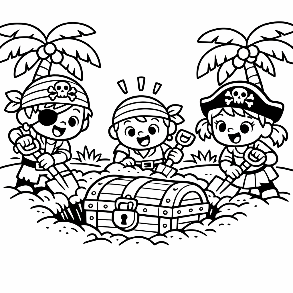 The pirates digging in the sand with shovels,...