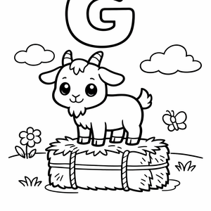 G is for a Goat standing on a hay bale