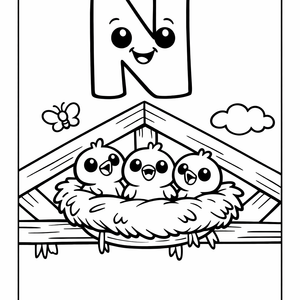 N is for a Nest with baby birds in the 