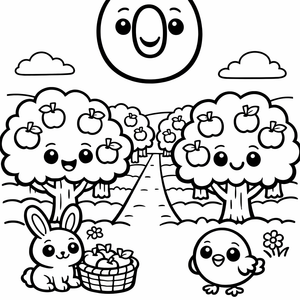 O is for an Orchard with rows of fruit 