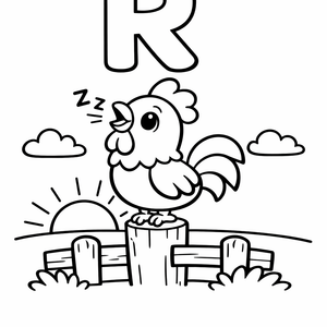 R is for a Rooster crowing on a fence p