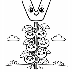 V is for a Vine of tomatoes growing up 